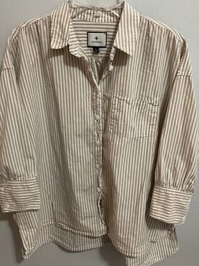 Tuckernuck Beachwood Striped Adair Boyfriend Shirt, Poplin Tan Pinstripe, Large